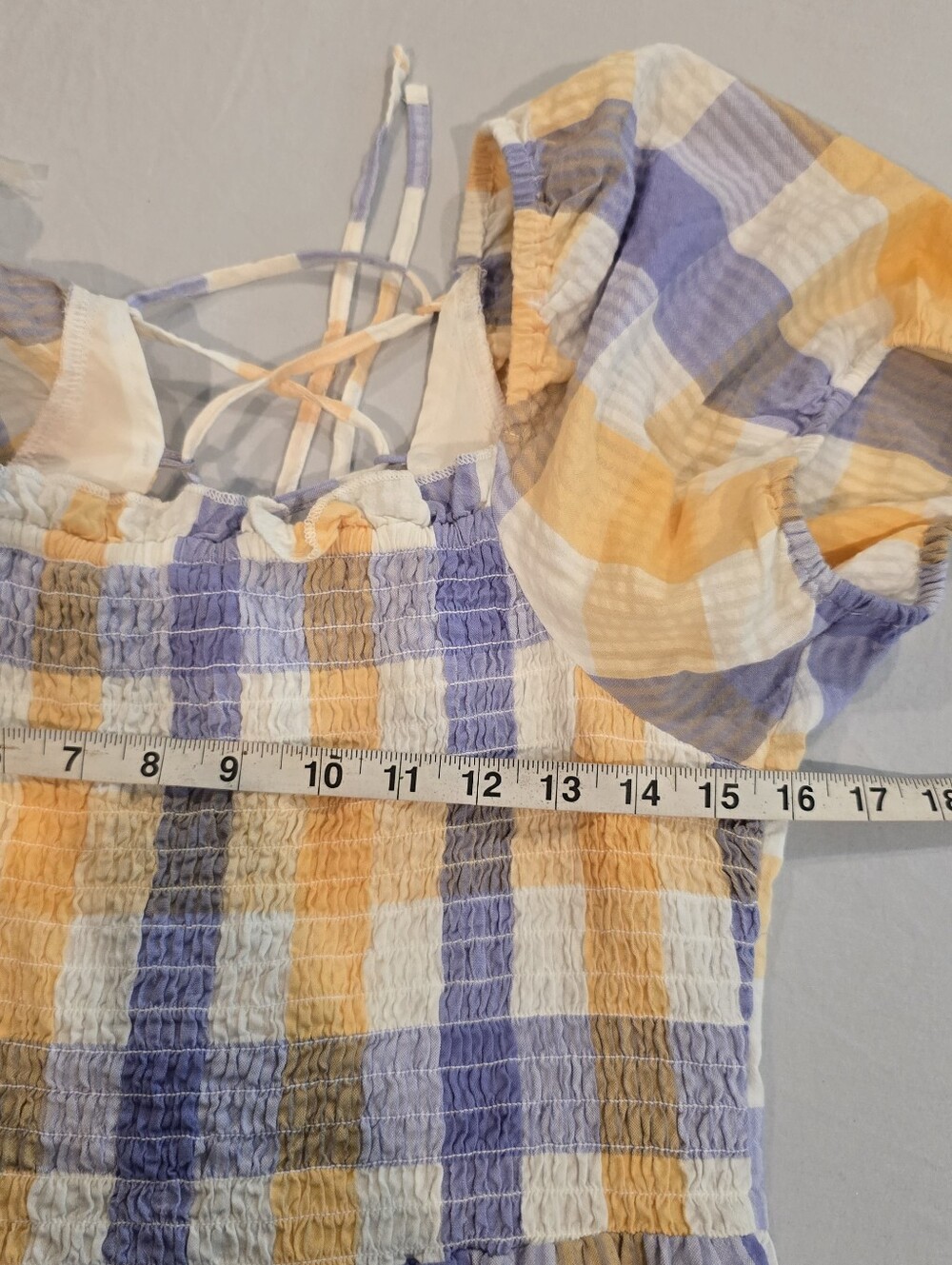 Arizona Plaid Puff-Sleeve Smocked Mini Dress in Yellow & Lavender Size Large - Picture 10 of 10